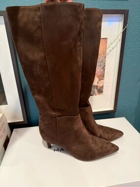 Marc Fisher Brown Suede Over-the-Knee Pointed Toe Kitten Heel Boots